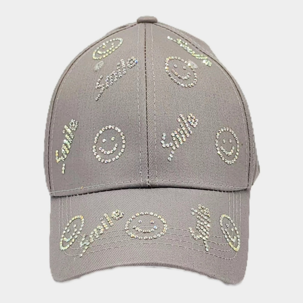 Gray Smiley Face Rhinestone Crystal Brim Baseball Cap Hat Fashion Bling Message